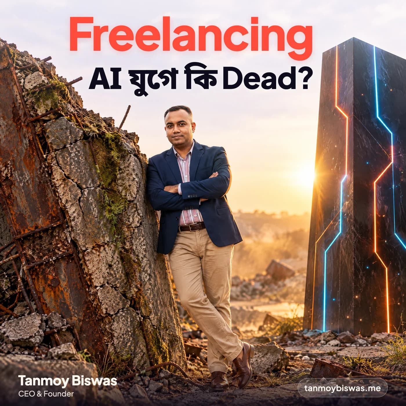 Tanmoy Biswas beside a crumbling slab and a glowing monolith, with the headline Freelancing, AI যুগে কি Dead?