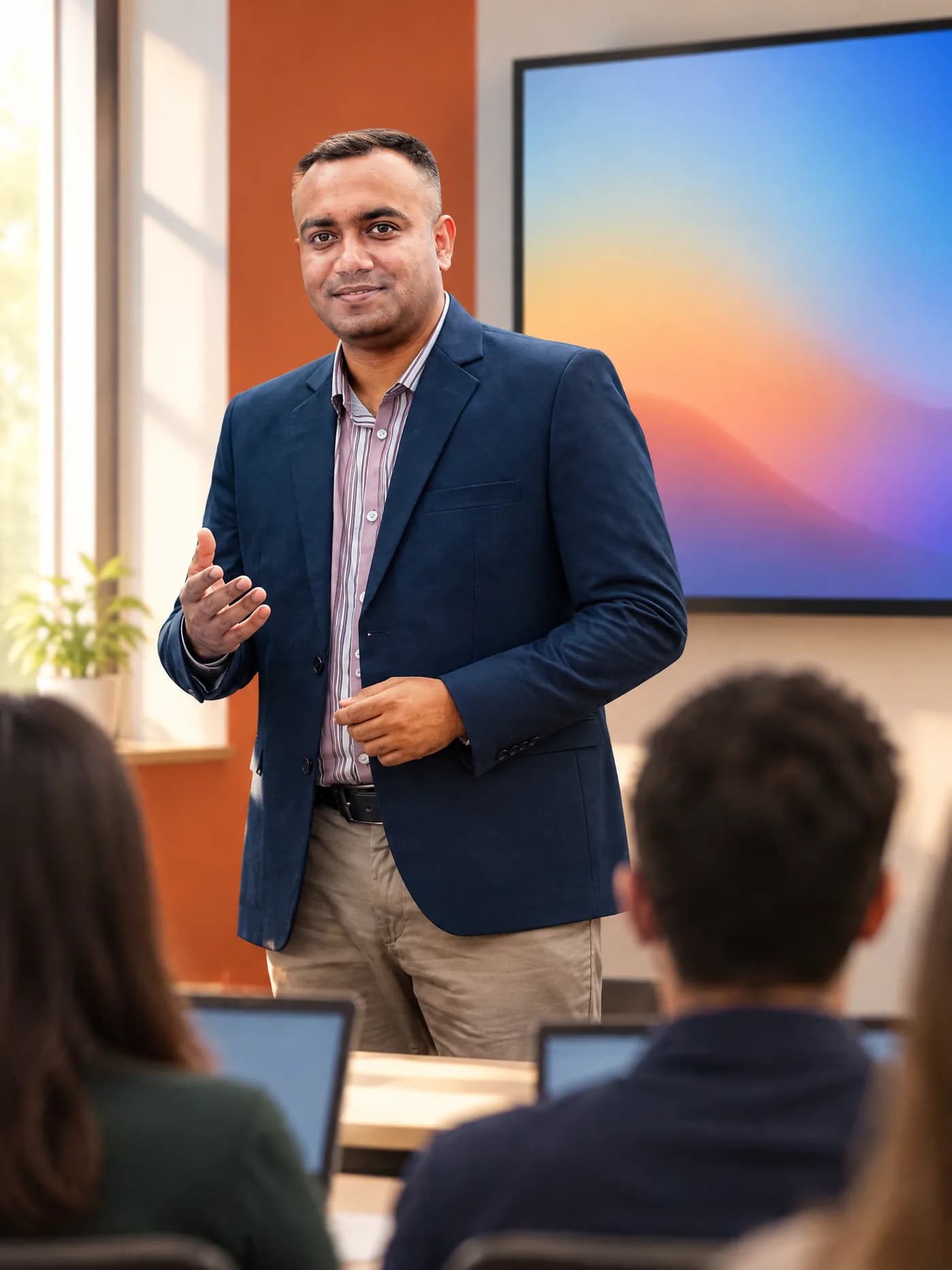 Tanmoy Biswas teaching a live class, with students at laptops in the foreground (AI-generated illustration)
