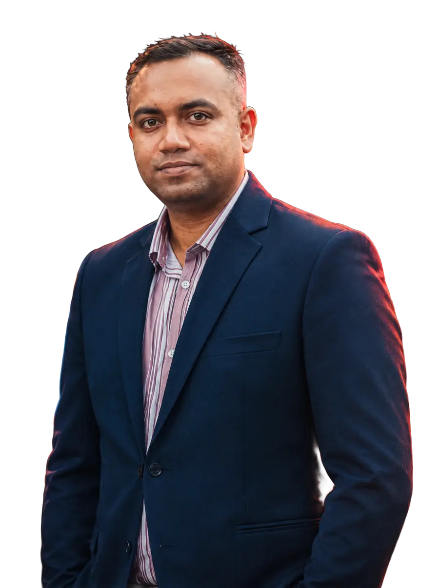 Tanmoy Biswas, full-stack engineer and founder, in a navy blazer