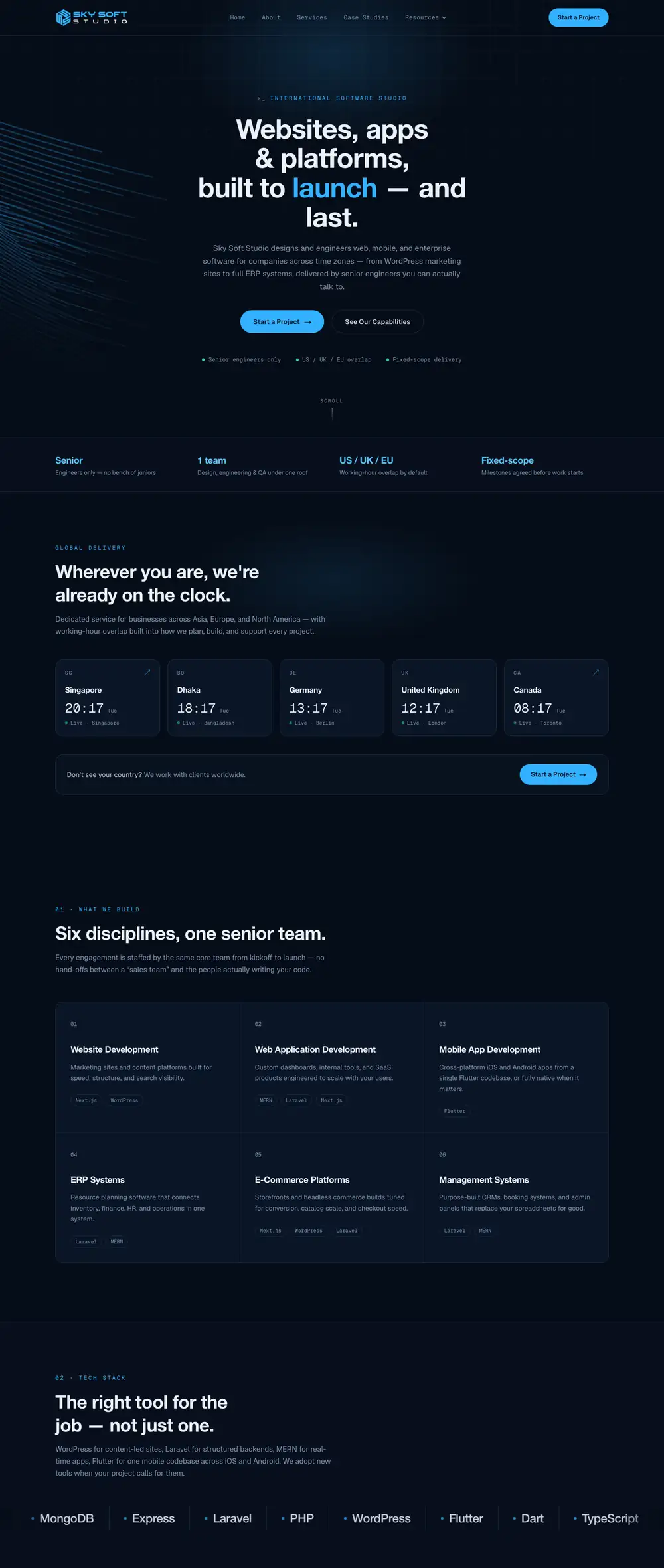 The top of the Sky Soft Studio website
