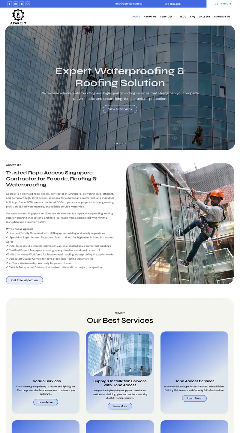 The Aparejo website, Rope access, waterproofing & roofing