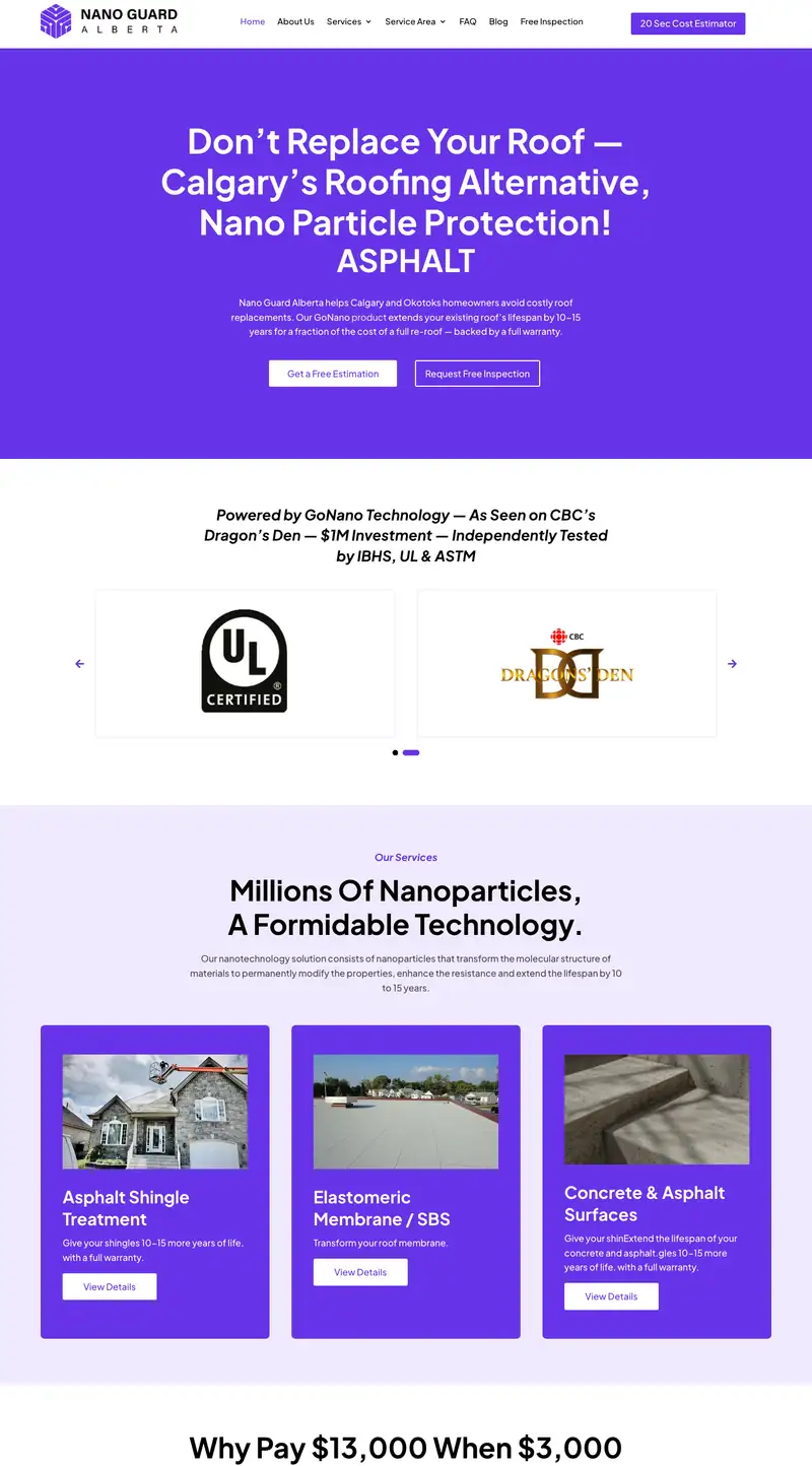 The Nano Guard Alberta website, Nano-coating roof protection
