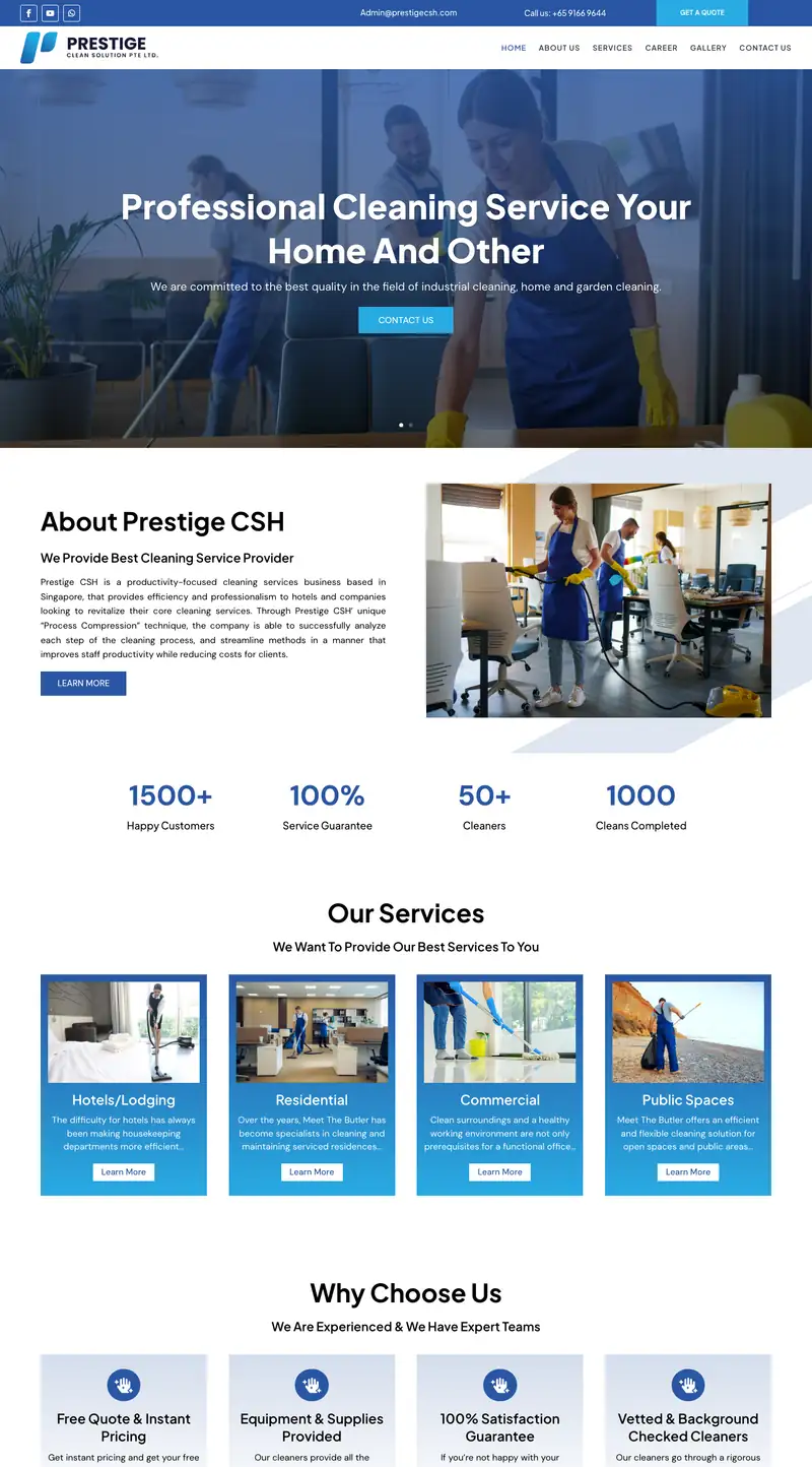 The Prestige CSH website, Cleaning solutions